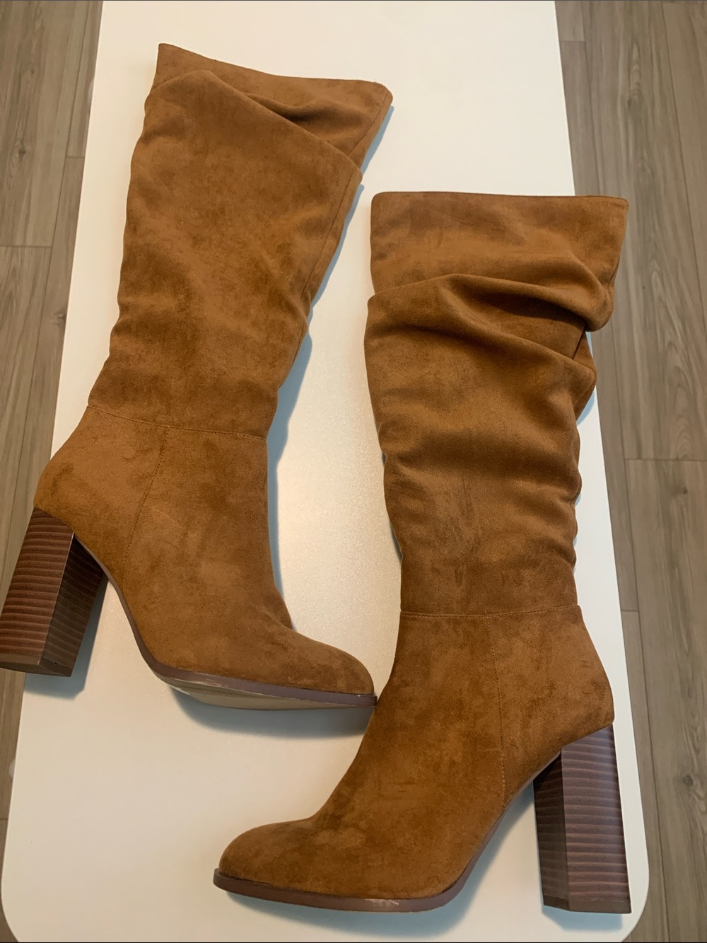 Source Unknown Tall Slouch Suede Block Heel Boots - Cognac Brown